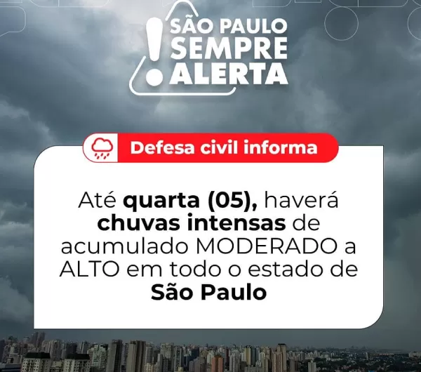 Defesa Civil renova alerta para chuvas até quarta-feira