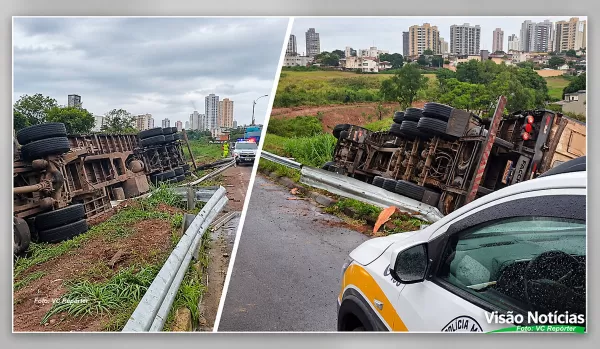 Mais uma carreta tomba no Contorno de Marília e provoca lentidão no trânsito