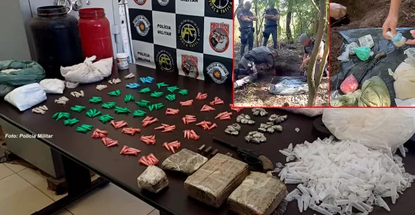 Polícia Militar localiza arma, munições e drogas enterradas em mata