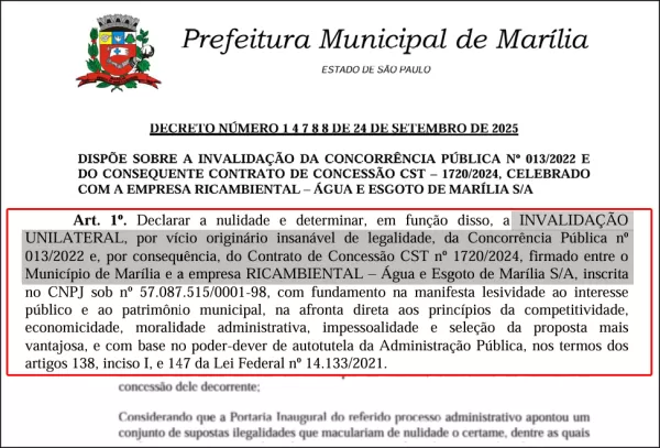 Água e esgoto: Prefeitura de Marília cancela contrato da concessão da RIC Ambiental