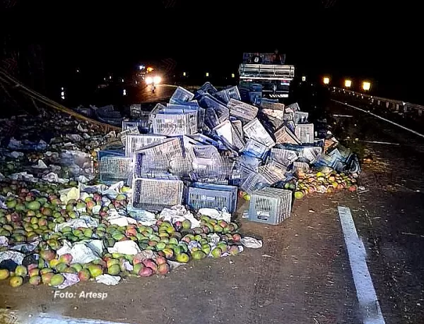 Carreta carregada com 28 toneladas de manga tomba na SP-333 em Marília