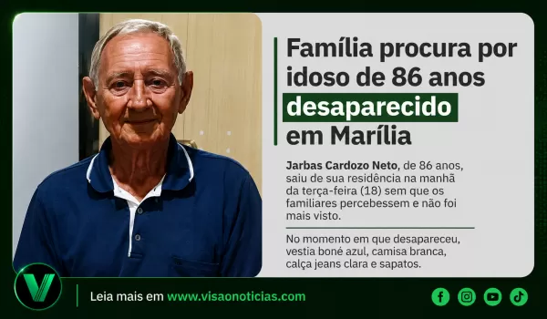 Família procura idoso de 86 anos com Alzheimer que está desaparecido em Marília