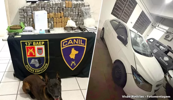 Tentativa de abordagem pelo canil do BAEP termina em perseguição e apreensão de quase 80 kg de drogas em Marília