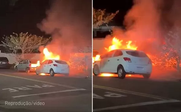Carro pega fogo e quase atinge outros veículos