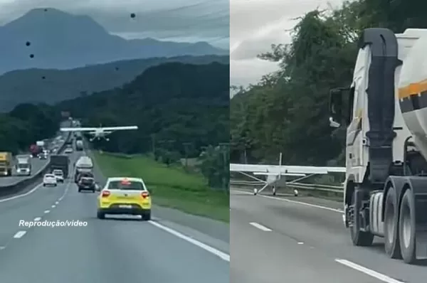 Avião faz pouso forçado em rodovia entre veículos. Assista ao vídeo!