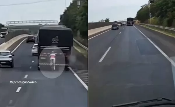 Ciclista pega "carona" em carreta na rodovia do Contorno, em Marília. Polícia Rodoviária alerta para perigo