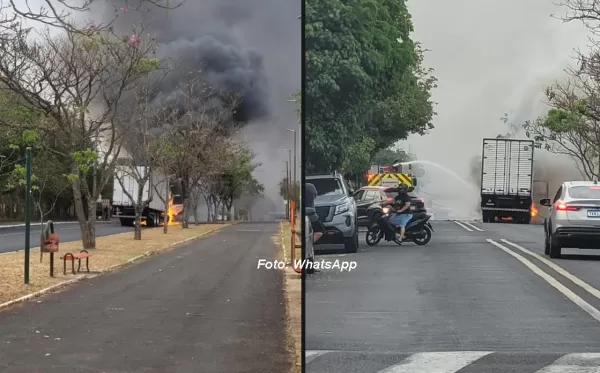 Caminhão pega fogo em Marília e mobiliza Bombeiros