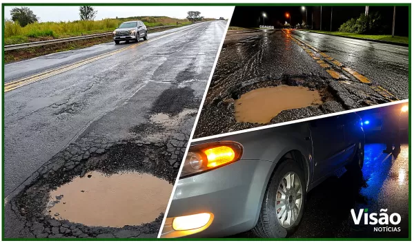 Chuva transforma buracos em crateras na BR-153; PRF alerta motoristas na região de Marília