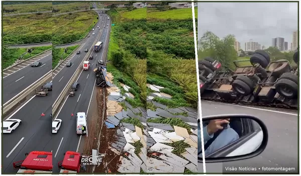 Carreta tomba na rodovia do Contorno em Marília e complica trânsito próximo ao HC
