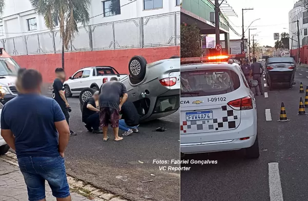 Carro fica de rodas para cima após acidente em movimentada avenida de Marília
