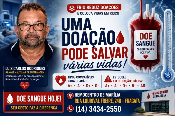 Frio reduz doações e coloca estoques de sangue em alerta. Auxiliar de enfermagem mariliense está internado na UTI e precisa de ajuda