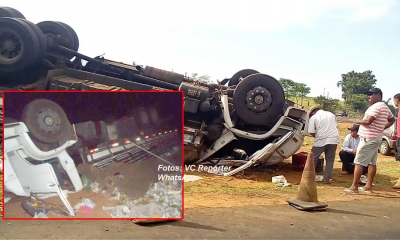 Caminhoneiro e mulher ficam feridos em capotamento na SP-294