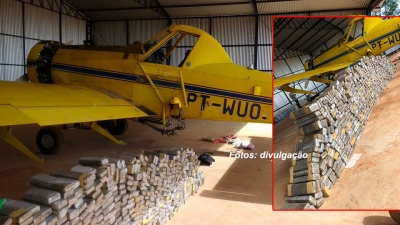 Avião recheado com drogas é trazido para a PF em Marília
