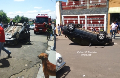 Mulher desvia de bêbado e capota carro