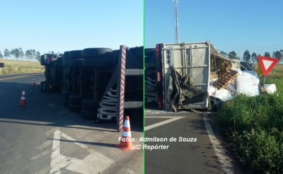 Mais uma carreta tomba na SP-333, em Marília