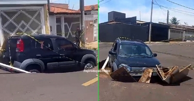Carro é engolido por cratera na zona norte de Marília