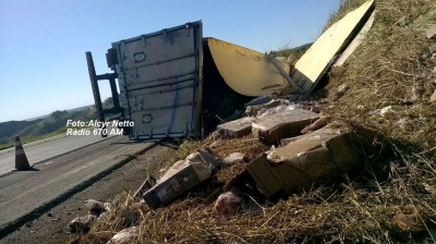 Carreta carregada com frangos tomba na SP-294