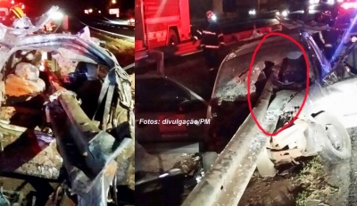 Guard rail entra no meio de carro após batida