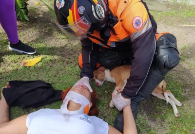 Mulher cai de moto ao desviar de cão e animal fica ao lado dela durante primeiros socorros