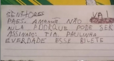 Menino de 5 anos manda bilhete em nome da professora para não ir à escola