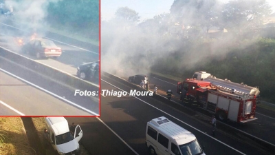 Carro pega fogo na rodovia do Contorno e causa acidente