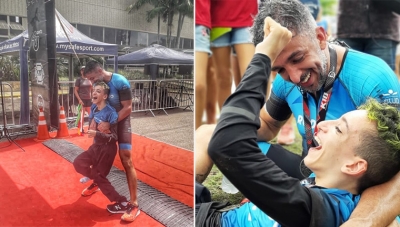 Pai participa de triatlo com filho que tem paralisia cerebral e diz com orgulho: “Minha inspiração!”