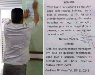Prefeito prega aviso em hospital e incentiva cidadão a denunciar má conduta de funcionários