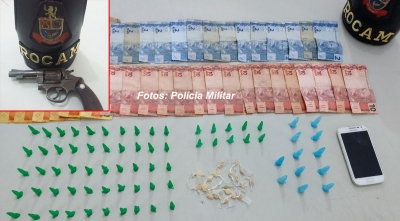 ROCAM prende rapaz com dinheiro e muita droga. Arma é localizada