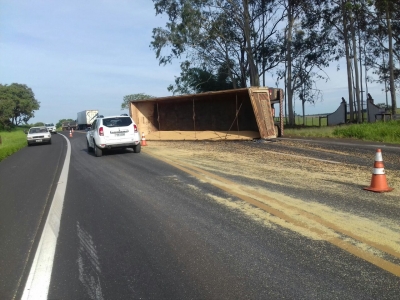 Carreta carregada com soja tomba em rodovia