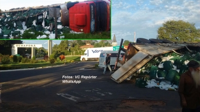 Carreta carregada com mamão tomba na SP-333
