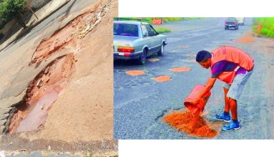 Grupo faz campanha em Marília tapando buracos com terra vermelha