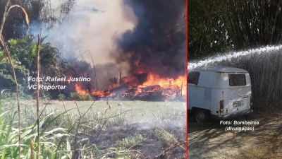 Fogo em mato destrói casa e veículos na zona Leste