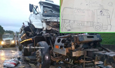 Filho de caminhoneiro morto em acidente na região faz desenho dando adeus ao pai