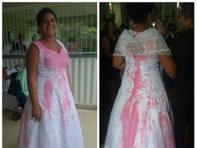 Noiva tem vestido manchado pela rival na porta da igreja