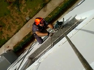 Bombeiros fazem rapel em prédio para resgatar gato