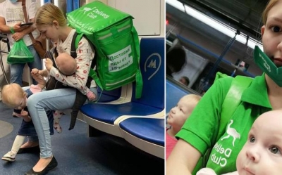 Foto de mãe carregando duas filhas para o trabalho viraliza nas redes sociais