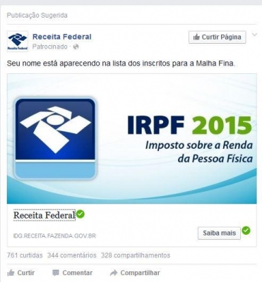 Mensagem falsa no Facebook põe em risco computador de contribuintes