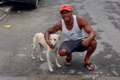 Cachorro faz xixi nas costas de rapaz sentado em calçada é adotado por ele