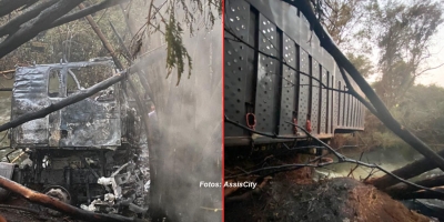 Caminhoneiro morre carbonizado após caminhão cair às margens de rio e pegar fogo