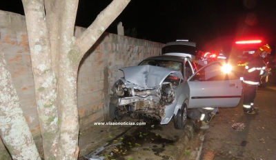 Carro choca-se contra árvore e deixa mulher e crianças feridas