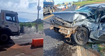 Carro bate de frente com caminhão na SP-294 em Marília