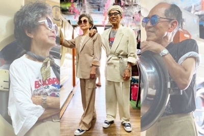 Casal de idosos esbanja estilo com roupas esquecidas em lavanderia