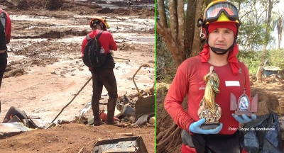 Bombeiro da região encontra imagem de santa intacta no meio de destroços em Brumadinho
