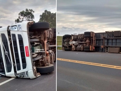 Motorista evita colisão e acaba tombando carreta em rodovia