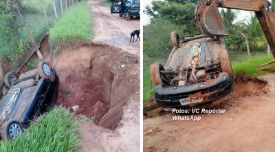 Carro é engolido por cratera na zona rural