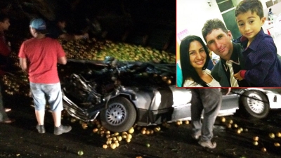 Família morre em grave acidente na região. Carro foi esmagado por caminhão. Motorista é preso