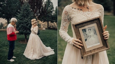 Mulher surpreende a família, usa vestido de noiva da avó e emociona a web